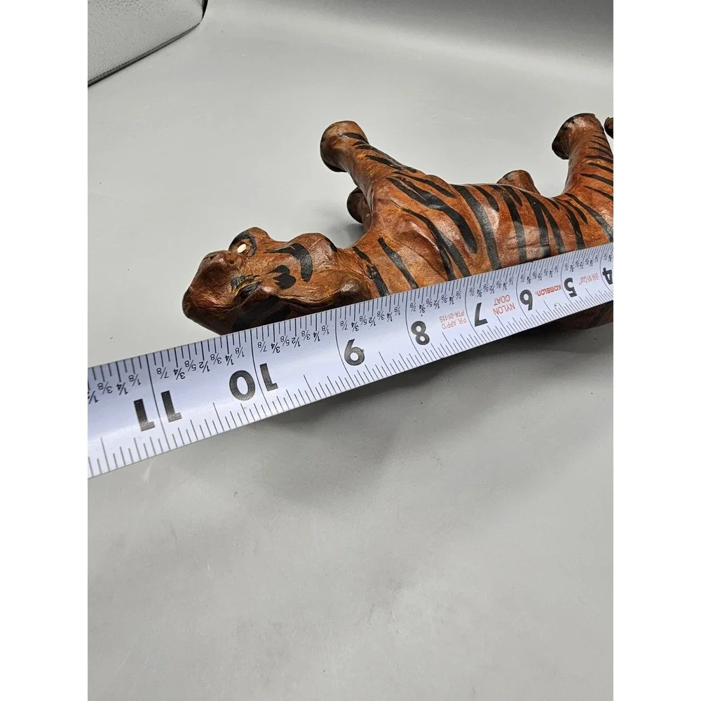 Vintage Leather Wrapped Paper Mache Bengal Tiger Figurine Yellow‎ Glass Eyes 11